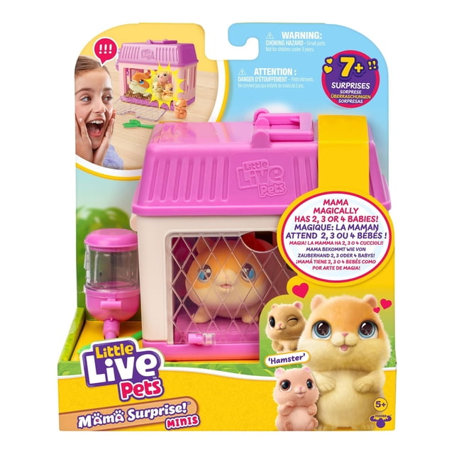 Little Live Pets Mama Surprise Minis Playset Hamster featuring a pink and cream plastic hutch with a diamond-patterned cage door, water bottle, and carrying handle. The playset surprises with 2 to 4 baby hamsters in unique poses and accessories, suitable for children aged 5 and up.