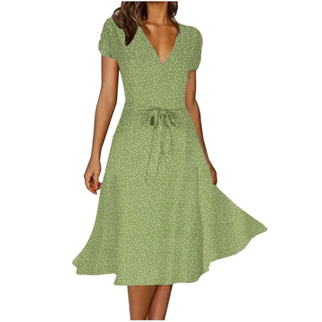 Penkiiy Robe Midi pour Femmes 2024 Été Décontractée à Fleurs à Manches Courtes Smockée Robes Midi Boho à Col en V Robes de Plage Soleil L Vert