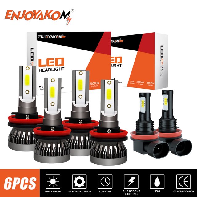 6pcs For Nissan Rogue 2014-2020 H11 LED Headlight Bulbs, including 4 high/low beam bulbs and 2 fog light bulbs by ENJOYAKOM. Features 6000K color temperature, 6000LM brightness per pair, IP68 waterproof rating, and a lifespan of 50,000 hours. Plug-and-play installation with anti-interference circuit design. Suitable for cars, trucks, SUVs, and RVs.