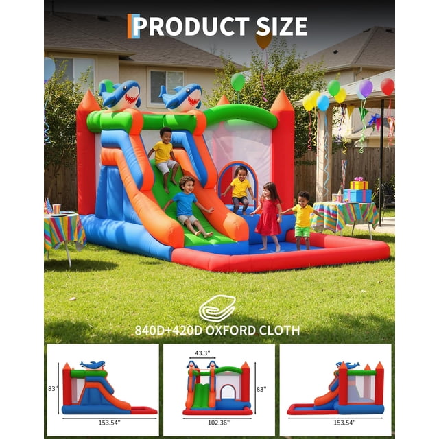AKDSteel 5-In-1 Shark Inflatable Bounce House For Kids, Features Slide, Climbing Wall, Ball Pit, Basketball Hoop, And Water Pool, Durable Oxford Bouncy Castle For Outdoor/Indoor Birthday Fun