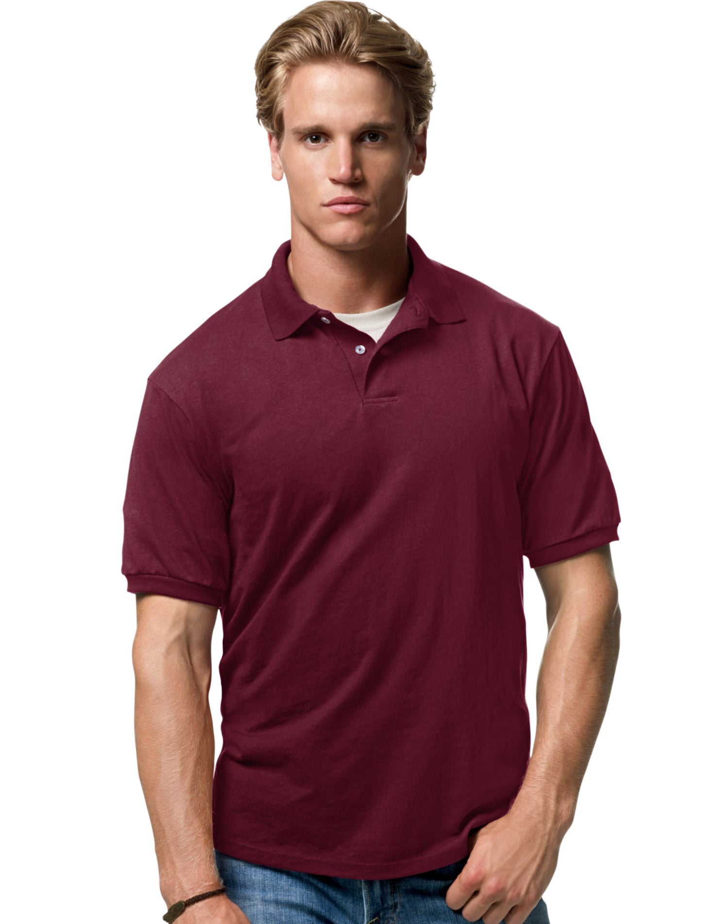 Hanes Cotton-Blend Men`s Jersey Polo, XL, Maroon