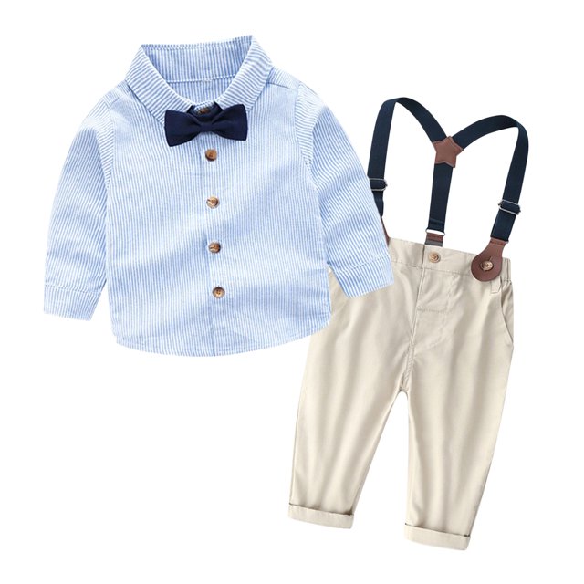 RXIRUCGD Ensemble de Mode pour Enfants à Rayures Chemise à Bretelles Pantalon Ensemble 2 Pcs Haut/chemise à Manches Longues à Col Rond ( Bleu Pâle, Taille : 110 )
