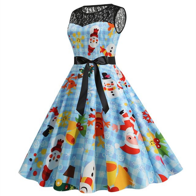 Fridja Mode Femmes Dentelle Ligne A Évasée Robe Vintage Bal Swing Sans Manches Imprimé Noël Xmas Robe de Fête
