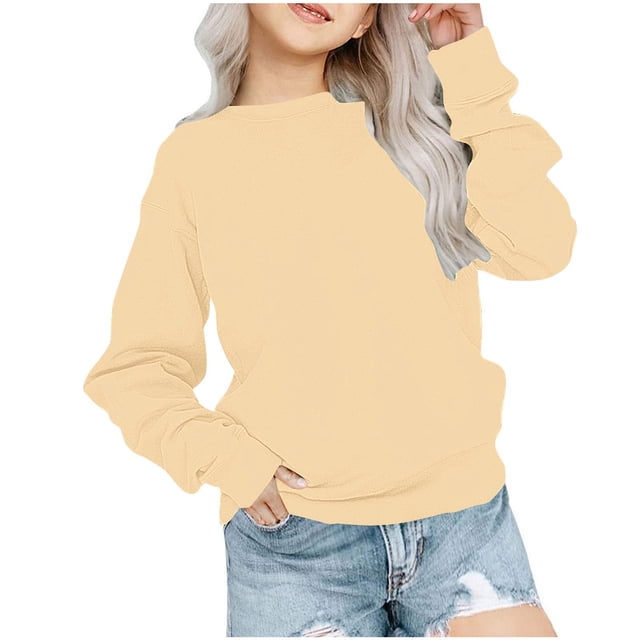 RXIRUCGD Chandail en Molleton pour Petites et Grandes Filles Décontracté Couleur Unie Col Rond Manches Longues Tunique Ajustée Pulls Mode Automne, Chandail en Molleton Beige pour Filles Taille 7-8 Ans