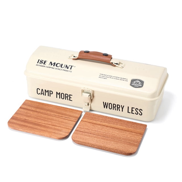 ISE MOUNT Portable Outdoor Iron Storage Box with Handle - Versatile Camping Organizer in White with Decorative Stickers and Lined Interior - Ideal for Tools and Essentials