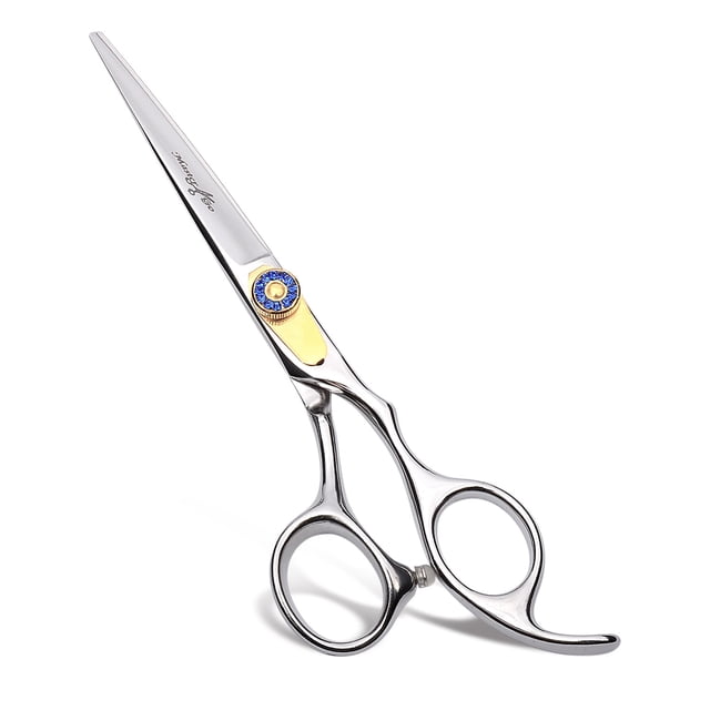 Equinox Professional Razor Edge Hair Cutting Scissors 6.5-inch Barber Shears made from 304 steel, featuring ergonomic handles and a sleek silver finish with gold and blue accents. Ideal for precise cuts, these versatile shears are suitable for salon workers, barbers, and personal use, as well as safe for all ages including children and babies.