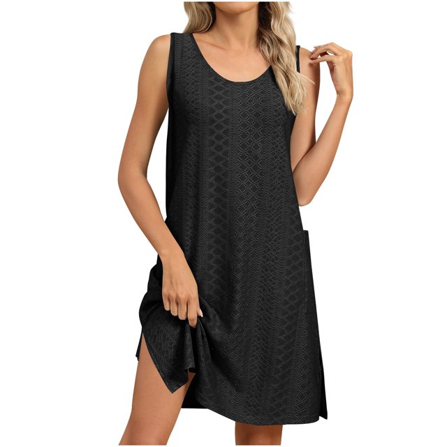 VEKDONE Robe d'Été Femme Couleur Unie Col Rond Décontracté Sans Manches Noir m