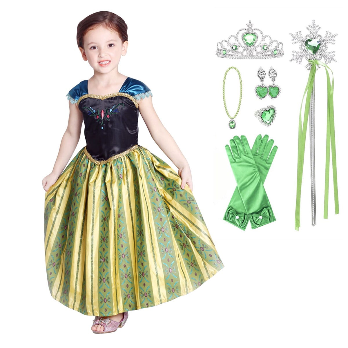 Déguisement Reine Des Neiges – Robe Elsa Avec Couronne, Collier, Baguette – 10 Pièces – Pour Filles 2-11 Ans – Cosplay Anniversaire