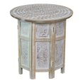 thumbnail image 2 of Accent Side Table, Mango Wood 18 Inch Round Top, Hand Carved Inlay Mandala Design, Washed White, 2 of 17