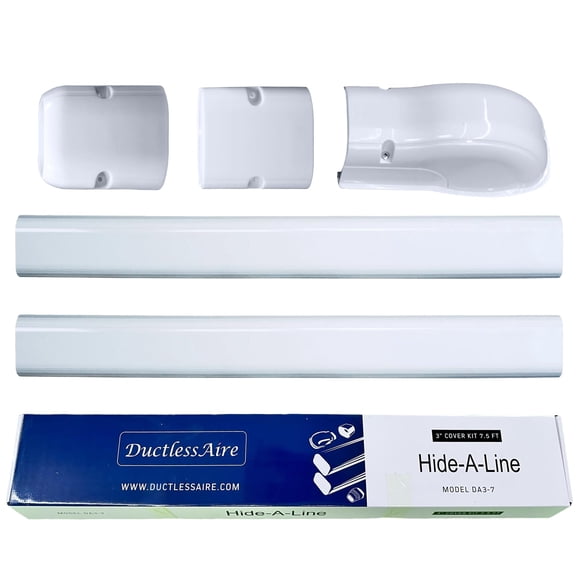 DuctlessAire Paintable Mini Split Line Set Cover Kit - Lineset Cover for Ductless Mini Split Air Conditioner Unit - Outdoor Cable Covers - Wall Cap, Hide-A-Line, Coupler & End Cap (White, 3" x 7.5 Ft)
