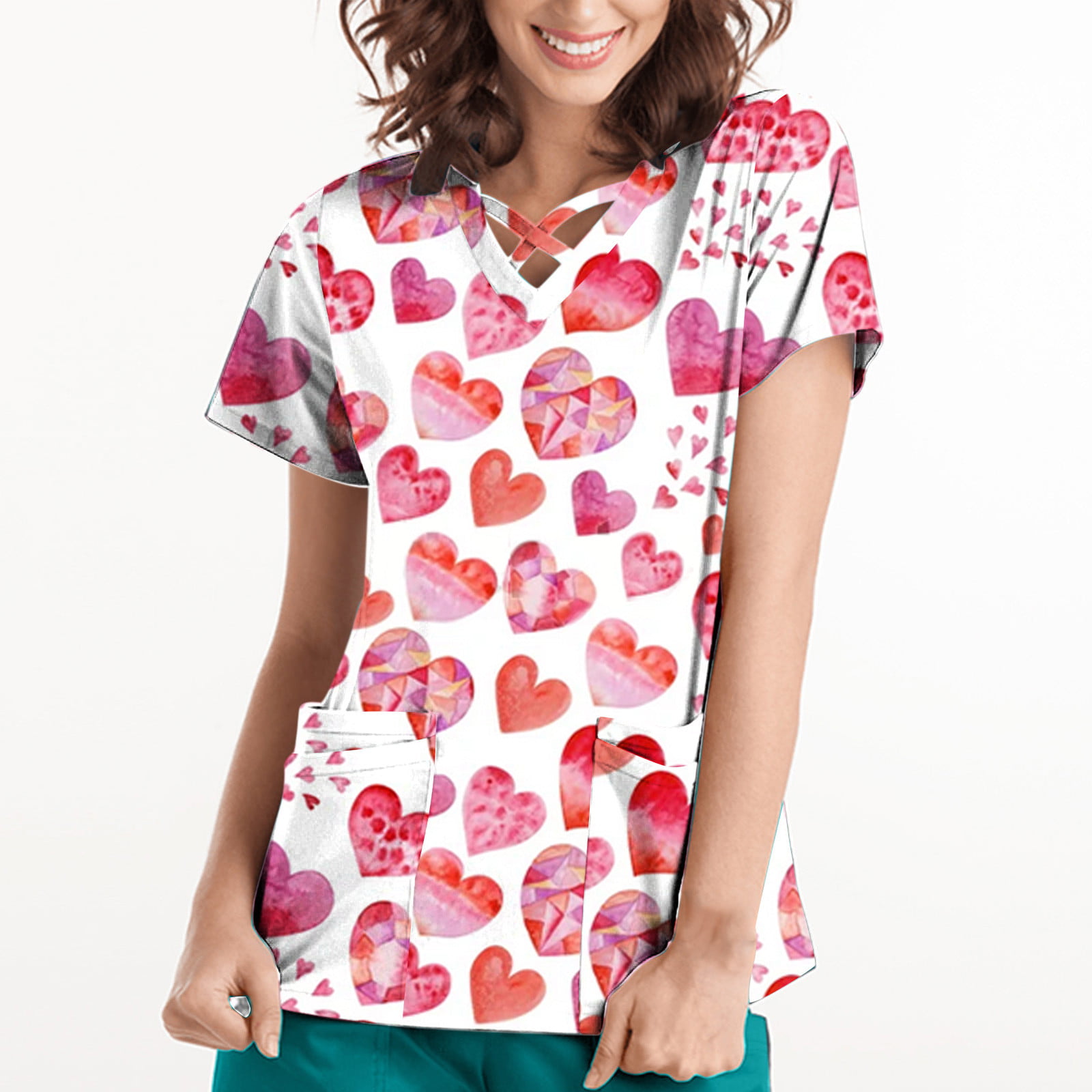 TIMIFIS Hauts de Sarrau pour Femmes Saint-Valentin Hauts à Manches Courtes pour Femmes Uniforme de Travail Blouse à Poche Imprimée de la Saint-Valentin avec Poches pring