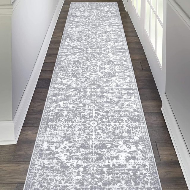 Findosom 2'x10' Hallway Runner Rug Washable Vintage Kitchen Laundry Runner with Non Slip Backing Farmhouse Entryway Living Room Floor Mat Stain Resistant Runner Carpet Gray