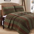 thumbnail image 1 of Cozy Line Home Fashions Rhett Dark Brown Sage Green Bold Striped Velvet Reversible Quilt Bedding Set, Coverlet, Bedspread Set (Brown/Sage, King - 3 Piece), 1 of 4