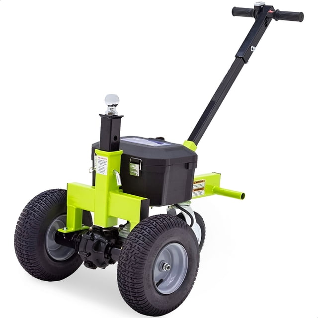 Tow Tuff TMD-35ETD8 Adjustable 3500 Lbs Capacity Electric Trailer Dolly in green, featuring a three-wheel design with two 13-inch drive tires and an 8-inch swivel caster for stability and maneuverability. The dolly includes an adjustable ball height range of 22 to 28.35 inches, compatible with 2-inch couplers, and supports a maximum load capacity of 3,500 pounds. Powered by two 24-volt, 7 amp-hour batteries, it offers variable speed control up to 1.5 mph for precise trailer positioning. Designed for use on various terrains, including paved surfaces and gravel, with a built-in step for added control.