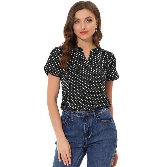 INSPIRE CHIC Blouse Haut de Travail de Bureau pour Femme à Pois Imprimés, Col en V, Manches Courtes