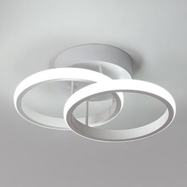 LED Ceiling Light Lighting Fixture Flush Mount Simple for Entrance, featuring a modern design with two interlocking circular aluminum frames emitting soft white light. The fixture measures 24×16×12.5cm, offers energy-efficient 18W illumination, and is suitable for spaces of 5-10 square meters. Perfect for bedrooms, living rooms, corridors, and offices.