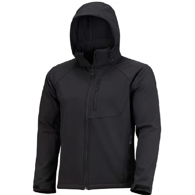 Mens' Warm Water Repellent Softshell Snowboard Jacket with removable hood, displayed in a front-facing view. This fleece-lined softshell jacket is designed for cold weather activities like skiing, snowboarding, hiking, and camping. It features waterproof zippers, adjustable arm straps, and nine utility pockets, including two hand pockets and one chest pocket for storing essentials. The detachable storm hood with drawstrings provides full closure and protection from the cold, making it ideal for men's outerwear during spring, autumn, and winter.