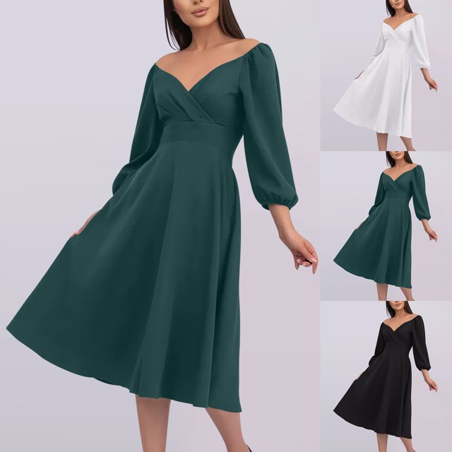 Gspmoly Robes Grande Taille pour Femmes aux Courbes, Robe de Soirée à la Mode pour Femmes, Col en V, Taille Cintrée, Poche, Manches Longues, Robe de Cocktail jusqu'à 70 % de Rabais
