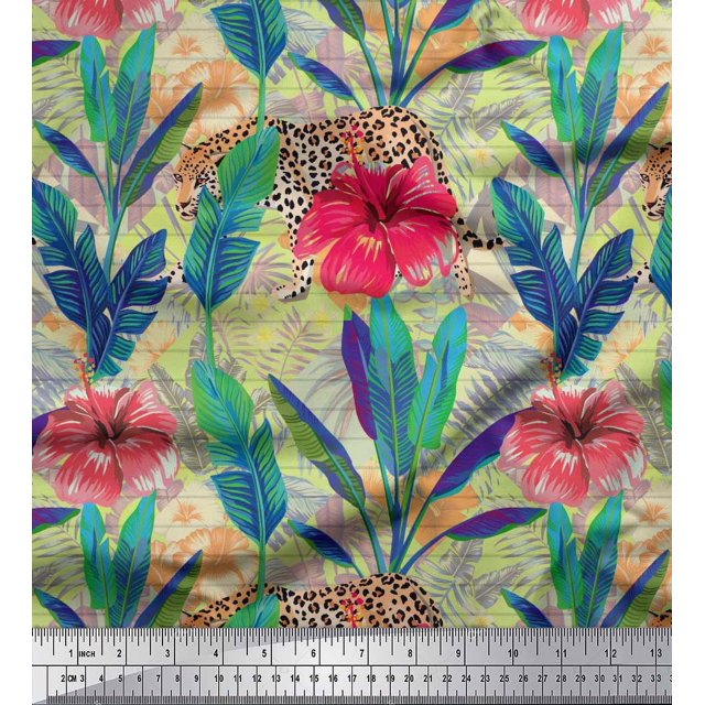 Soimoi Poly Georgette Fabric Leopard,Tropical Leaves & Floral Decor Fabric Printed Yard 52 Inch Wide