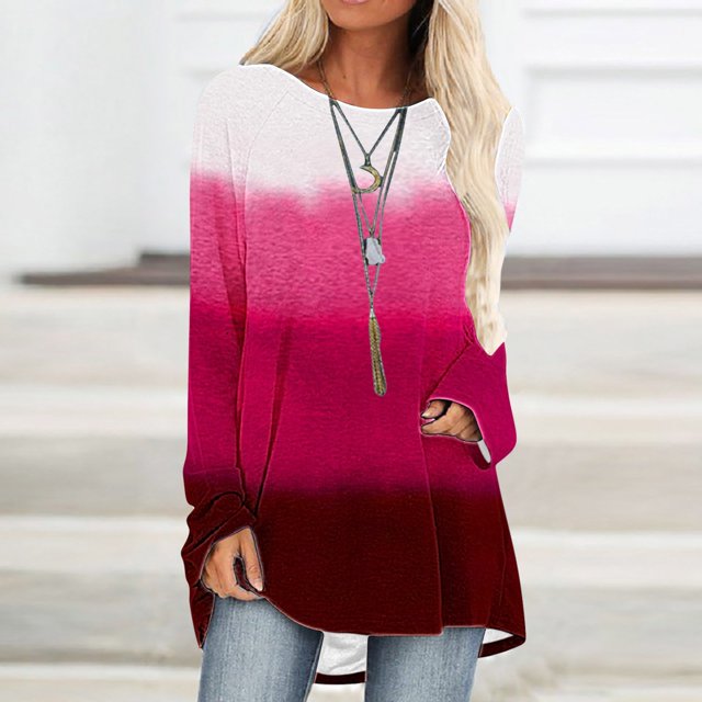 Wiyuqeen T-Shirts à Manches Raglan Longues pour Femmes Chic Décontracté Col Rond Chandail Doux Tendance Couleur Dégradée Chandails à Manches Longues Automne Amples Fluides Longues Tuniques