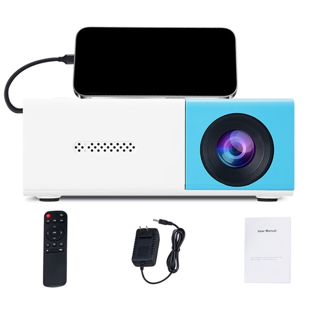 Mini HD Portable Projector with Auto Keystone Correction, featuring a compact white and blue design. Equipped with a built-in speaker, wireless connectivity, and 1080P resolution, it is ideal for home theatre, movies, and gaming. Includes a remote control, USB power cable, and user manual.
