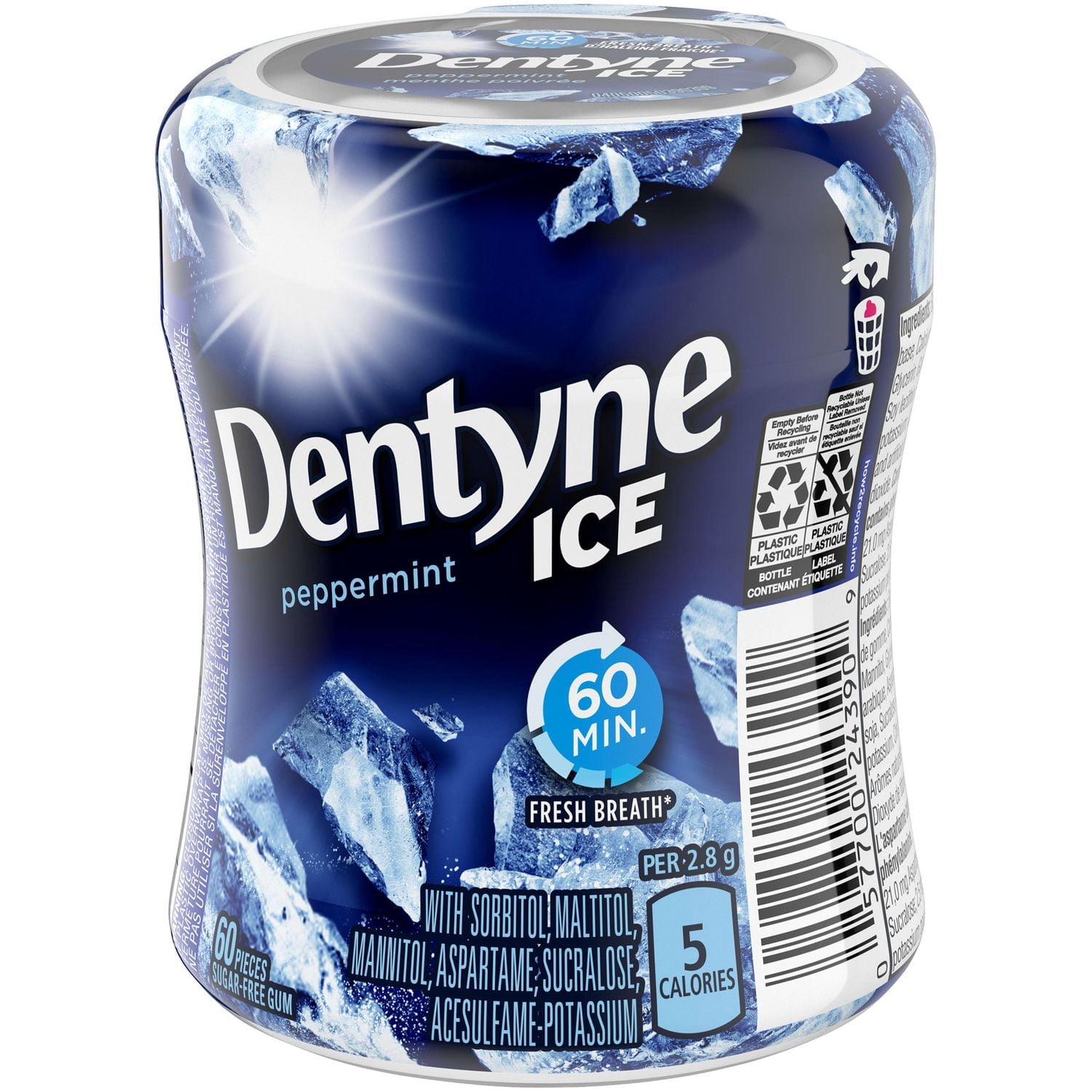 Dentyne Ice Menthe Poivrée, Gomme Sans Sucre, 60 Morceaux, 1 Bouteille