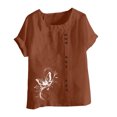 thumbnail image 4 of Jusqu'à 50 % de Rabais Horkkom Hauts Grande Taille pour Femmes Été Chemises Amples en Lin à Manches Courtes Col Rond Imprimé Floral Blouses Confortables, 4 of 4