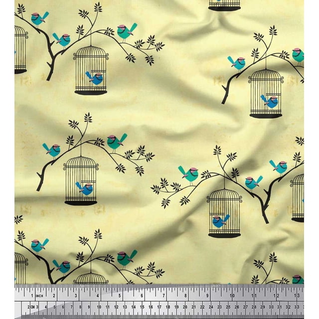 Soimoi Poly Georgette Fabric Branches,Cage & Bird Print Sewing Fabric Yard 42 Inch Wide