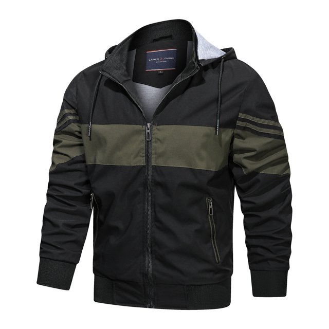 Qertyioot Men's Contrasting Color Hooded Zipper Casual Warm Windproof Pocket Motorcycle Jacket