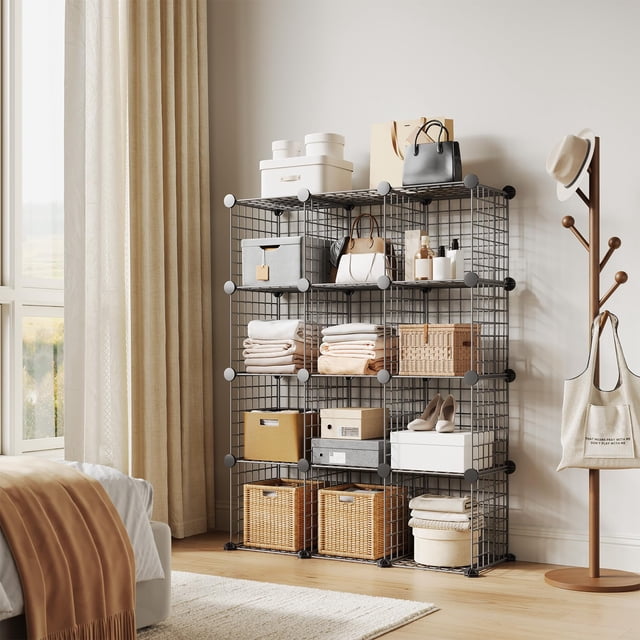 EDTara Modular Wire Cube Storage Organizer, 12-Cube Metal Grid Shelf Unit for Closet, Books, Office, or Entryway