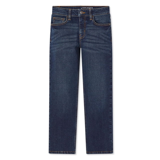 George Boys' Straight Denim in dark blue cotton-rich stretch fabric, front view with classic five-pocket design, belt loops, button and zipper fly closure, and straight legs, suitable for school or playground wear and casual outfits.