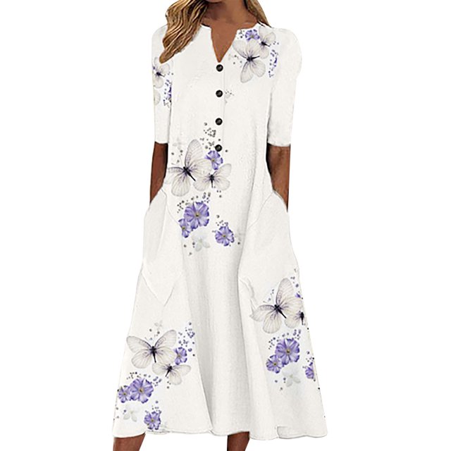 Babysbule Liquidation Robes d'Été pour Femmes, Mode Femmes Décontractée Ample Imprimé Papillon Col en V Manches Mi-Longues Boutons Poches Robe Longue