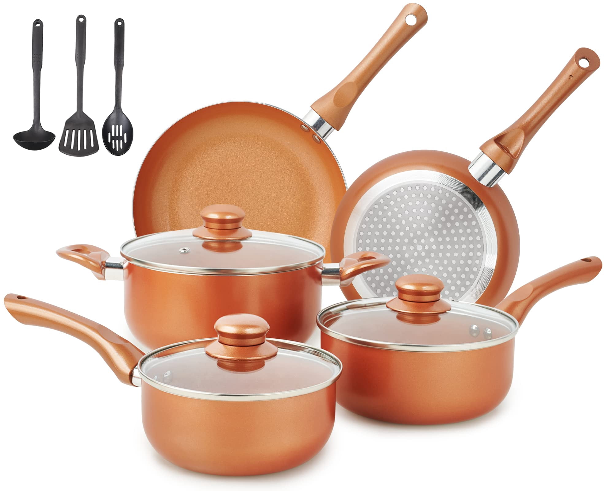 M MELENTA Pots and Pans Set Ultra Nonstick, Pre-Installed 11pcs Cookware Set Copper with Ceramic Coating, Stay cool handle & Nylon Kitchen Utensils, Gas/Induction Compat