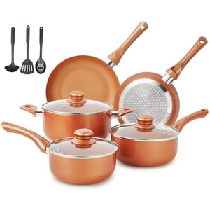 M MELENTA Pots and Pans Set Ultra Nonstick, Pre-Installed 11pcs Cookware Set Copper with Ceramic Coating, Stay cool handle & Nylon Kitchen Utensils, Gas/Induction Compat