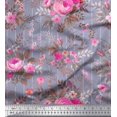 thumbnail image 1 of Soimoi Tissu en Voile de Coton à Rayures, Feuilles et Roses Imprimé Floral au Mètre 42 Pouces de Large, 1 of 3