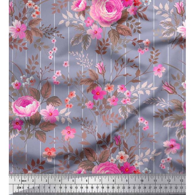 Soimoi Tissu en Voile de Coton à Rayures, Feuilles et Roses Imprimé Floral au Mètre 42 Pouces de Large