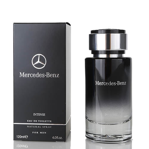 Mercedes Benz Intense Eau De Toilette for him 120ml, a luxury men's cologne in a sleek black gradient bottle with a metallic silver cap, displayed alongside its branded packaging. This fragrance features citrusy Calabrian bergamot, aquatic cascalone, bourbon pepper, and woody American cedar, offering a refreshing, oriental, and woody scent. Perfect for various occasions.
