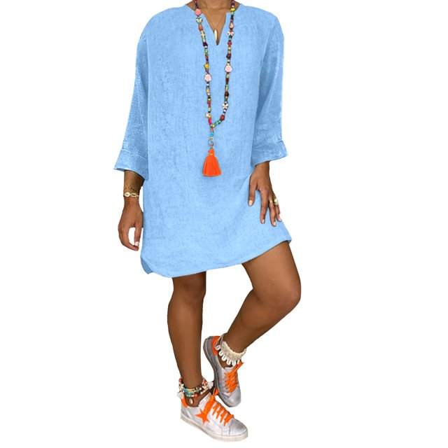 LUXUR Robe Courte pour Femmes à Col en V, Manches Longues, Aguichant, Couleur Unie, Bleu Pâle, S