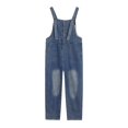 thumbnail image 1 of XIMIN Girls' Washed Denim Overalls - Adjustable Strap Button Front Bib Overalls with Pockets & Cropped Fit (Blue, 13-14 Years), 1 of 9