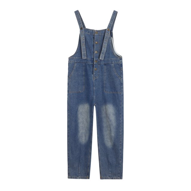XIMIN Girls' Washed Denim Overalls - Adjustable Strap Button Front Bib Overalls with Pockets & Cropped Fit (Blue, 13-14 Years)