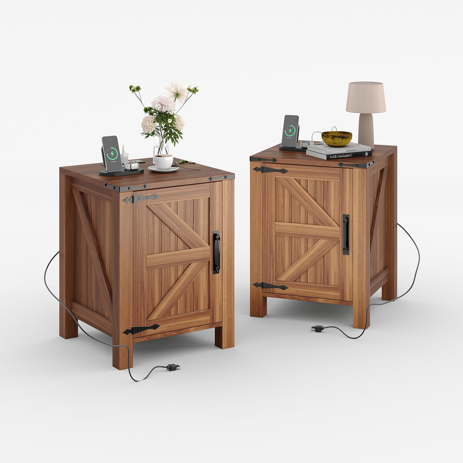 BeesClover Farmhouse Nightstand with USB Charging Station, Rustic Bedside Table with Charging Station & Sliding Barn Door, 18" Modern Two-Tier Nightstand for Bedroom, Night Stand