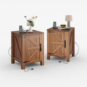 BeesClover Farmhouse Nightstand with USB Charging Station, Rustic Bedside Table with Charging Station & Sliding Barn Door, 18" Modern Two-Tier Nightstand for Bedroom, Night Stand