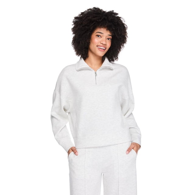 George Women's Scubaknit Quarter Zip Pullover: mock-neck women's pullover in smooth scubaknit jersey with quarter-zip closure, long sleeves, dropped shoulders and relaxed silhouette; breathable fabric blend (47% polyester, 43% rayon, 10% spandex), ideal for casual layering and travel.