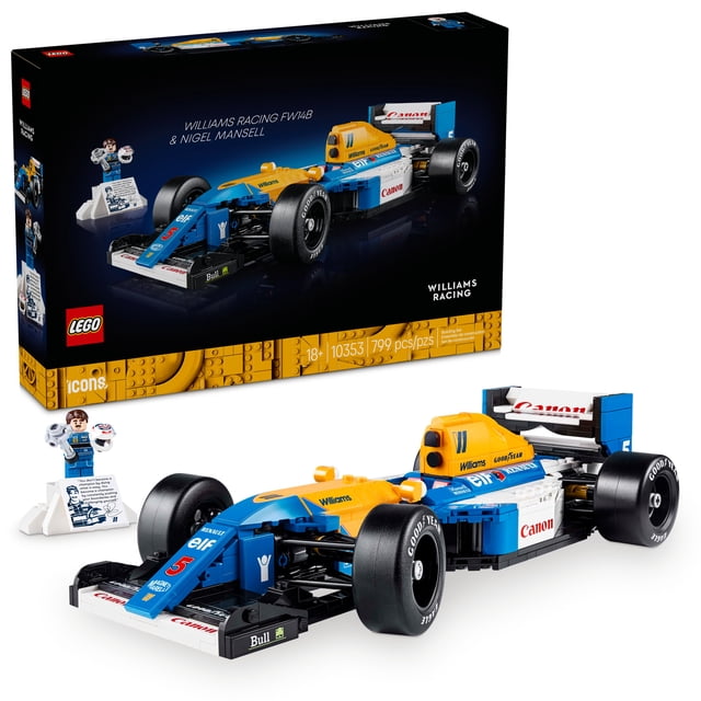 LEGO Icons Williams Racing FW14B & Nigel Mansell Kit de Voiture Modèle F1 Comprenant une Construction de 799 Pcs de la Voiture de Formule 1 Williams FW14B de 1992 en Bleu, Jaune et Blanc avec Direction Fonctionnelle, Pneus Arrière Larges Goodyear, Canon et Elf branding, plus une Minifigurine Nigel Mansell avec Casque sur un podium d'Exposition avec Sa photo et Sa Citation, Présentée avec la Boîte de Ensemble Numérotée 10353, Convenant aux Collectionneurs Adultes