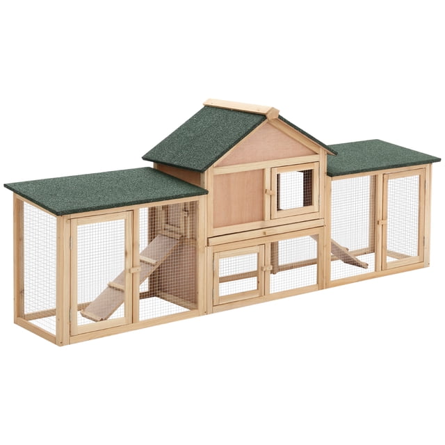 PawHut Large Rabbit Hutch Wood Bunny Cage Outdoor Guinea Pig House with Double Runs Slide Out Tray Ramps, 83"x18"x33", Natural front-facing view of a fir wood hutch with two wire-enclosed runs and a central raised living house; features asphalt roof, two ramps, multiple latched doors, metal wire fencing and a removable slide-out bottom tray for cleaning; often used as a sheltered play or rest space for small pets.
