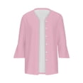 thumbnail image 4 of VKOYWKM 3/4 Length Sleeve Womens Tops Trendy Eyelet Embroidery Tees Button Down V Neck Pullover Tops Solid Color Ruffle Bell Sleeve Tunic Blouses, 4 of 5