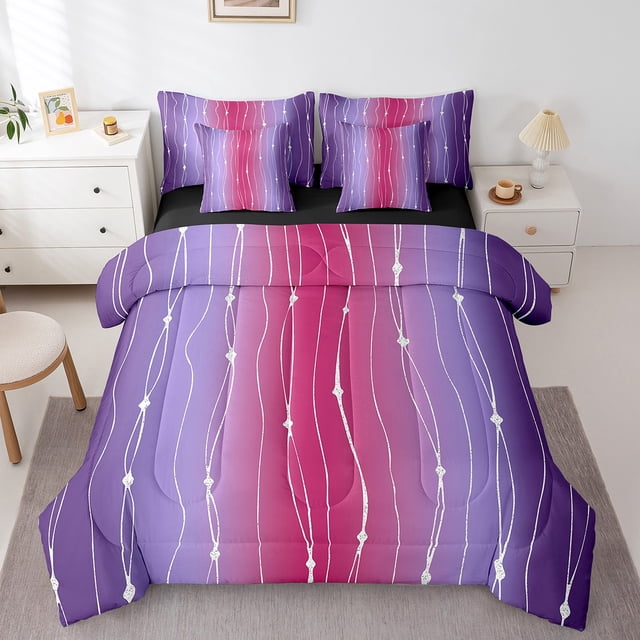 YST Gradient Ombre King Comforter Set, 7-Piece, Wave Lines Dots, Modern Abstract