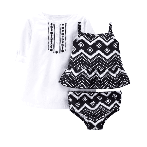 Carter's Baby Girl's 3-Piece Swim Set Rashguard UPF +50 Sun Black/White Chevron Print Swimwear & Cover-up 6M