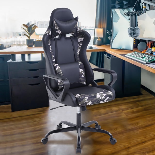NiamVelo Video Gaming Chair in camo design, featuring a high-back ergonomic structure with PU leather upholstery and lumbar support. The chair includes adjustable height, a reclining backrest (90°-125°), and a 360° swivel base with smooth-rolling wheels. It is shown in a modern gaming setup with a desk, monitor, and microphone in the background.