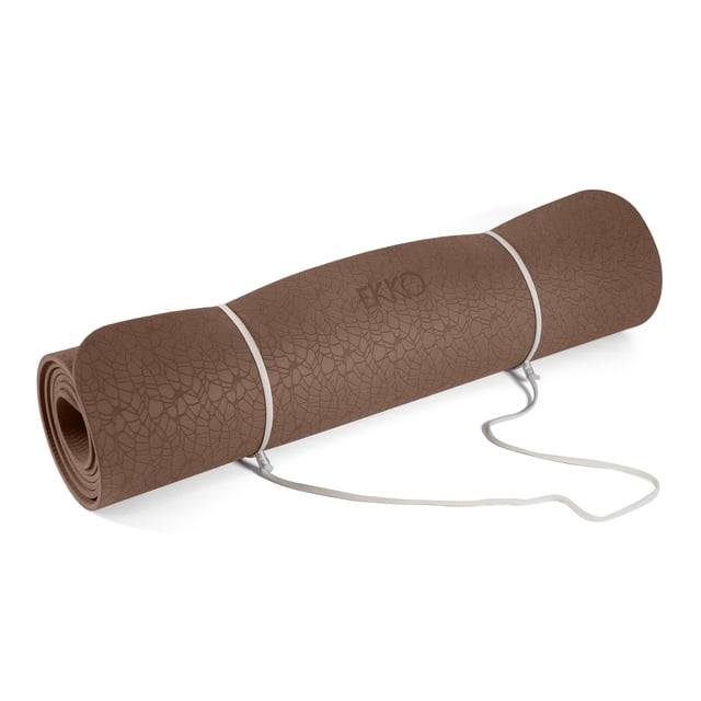 PurEarth EKKO Mat 6mm (Mocha Mousse) rolled yoga mat in mocha brown with textured leaf pattern surface, secured by white carry cord straps. Made from recyclable, decomposable TPE with moisture-resistant antibacterial closed-cell design, 72 inches long, lightweight and double-sided for yoga and fitness, also suitable as a travel mat.